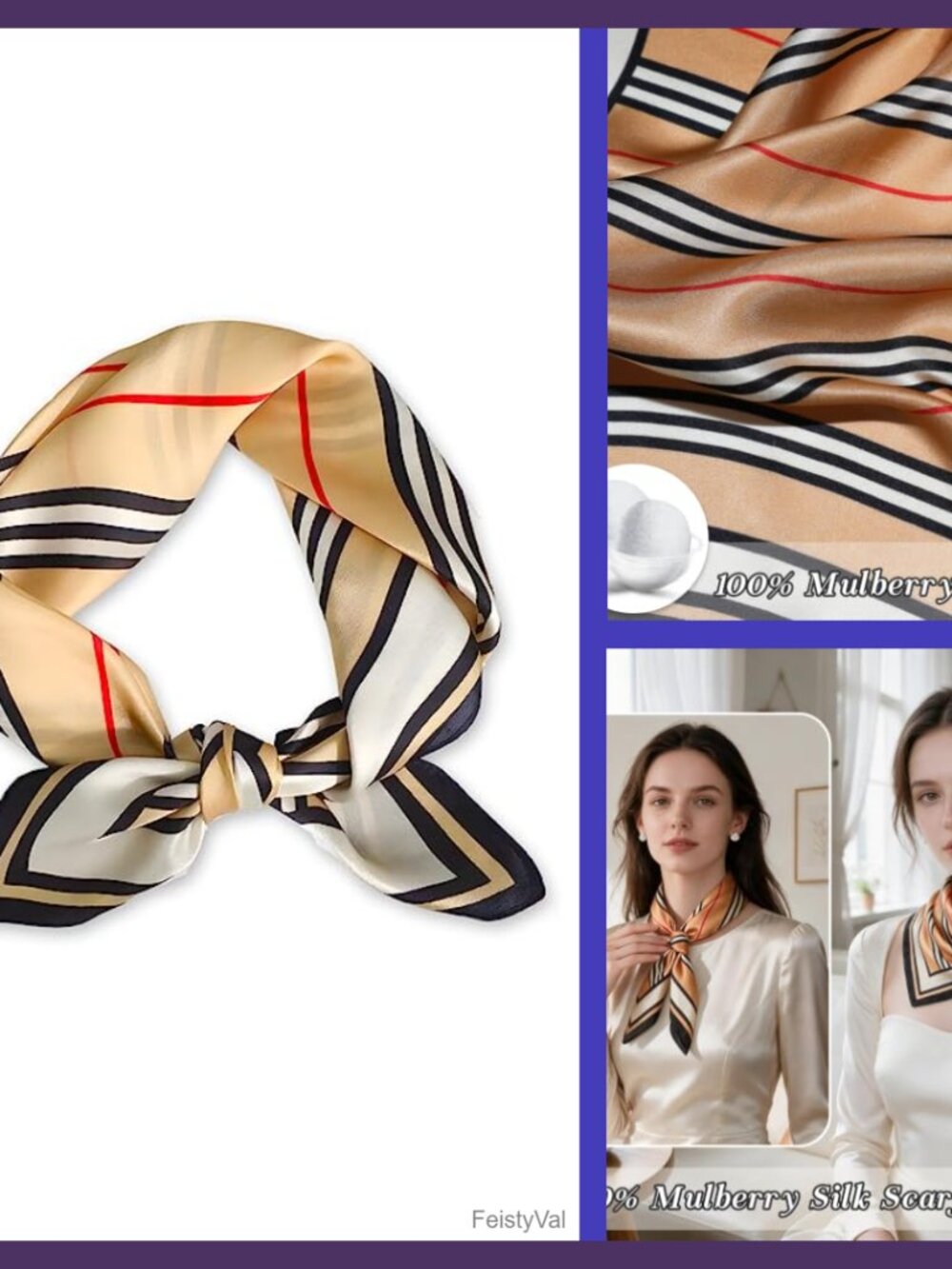 100% Mulberry Silk Scarf 21" Square Striped Hand-Rolled Gift Box